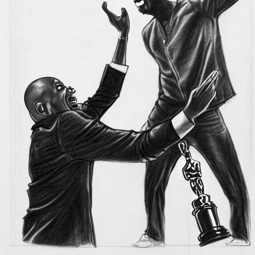 Image similar to pencil sketch of Dave Chappelle slapping Will Smith at the Oscars, highly detailed, award winning art