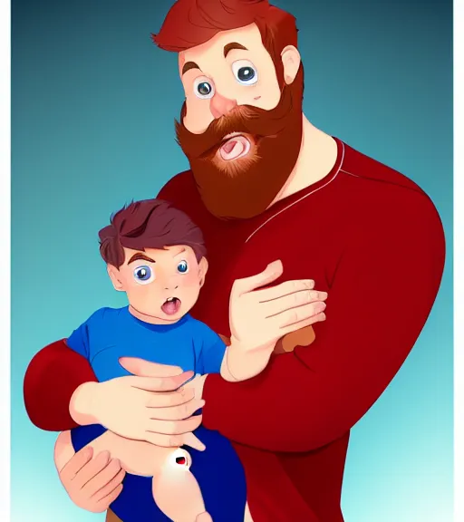 Image similar to a father with short red hair, a short red beard and blue eyes and a chubby face hold his infant son with short brown hair full color digital illustration in the style of don bluth, artgerm, artstation trending, 4 k