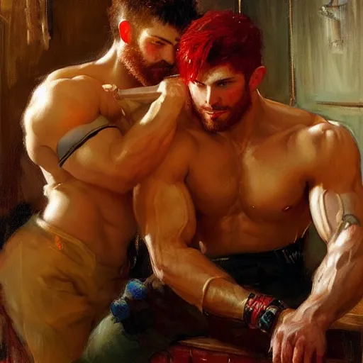 Prompt: attractive muscular male with red hair with muscular attractive male with black hair, drinking their hearts out, in a pub. very defined and highly detailed painting by gaston bussiere, j. c. leyendecker, craig mullins 8 k