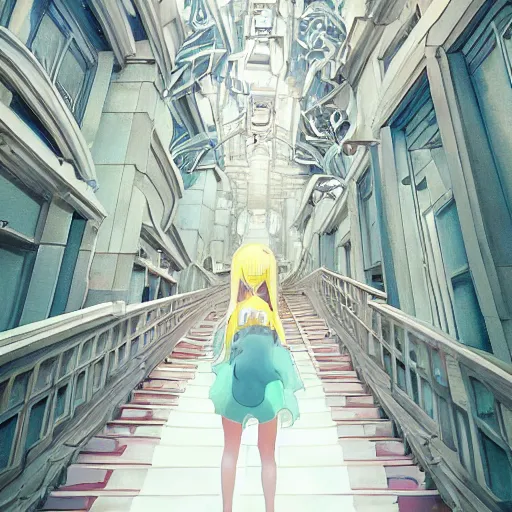 Image similar to a stunningly beautiful slimegirl woman in a bright white hallway with many doors and many stairs, Mc Escher architecture, epic composition, by Makoto Shinkai