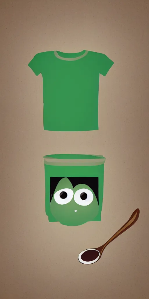 Prompt: catalog illustration of a spoon with eyes and a smile with a green tshirt on