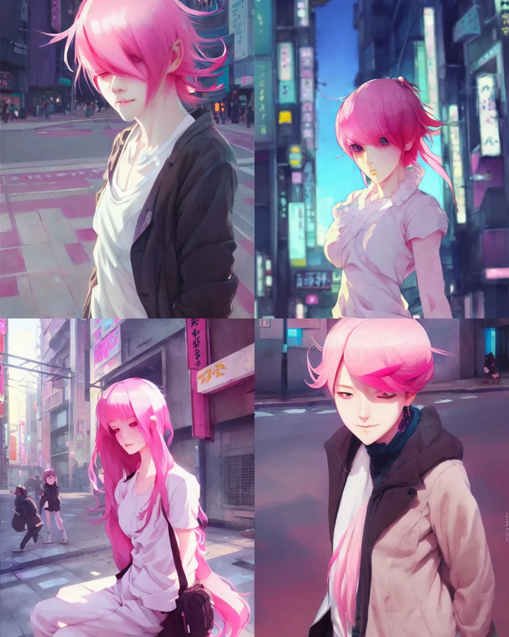 Prompt: a girl with pink hair on the streets of tokyo, a beautiful half body illustration, top lighting, perfect shadow, reduce saturation, leaning towards watercolor, art by hidari and krenz cushart and wenjun lin