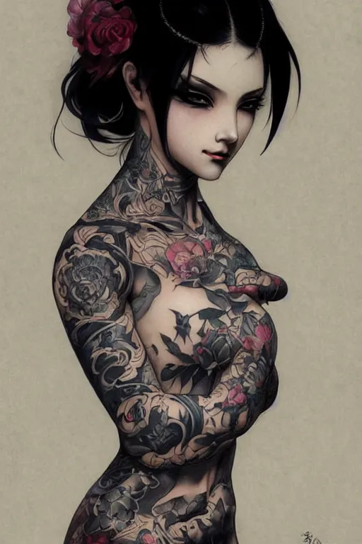 Image similar to goth yakuza girl tattoos, intricate, elegant, highly detailed, digital painting, artstation, concept art, smooth, sharp focus, illustration, art by artgerm and greg rutkowski and alphonse mucha and william-adolphe bouguereau