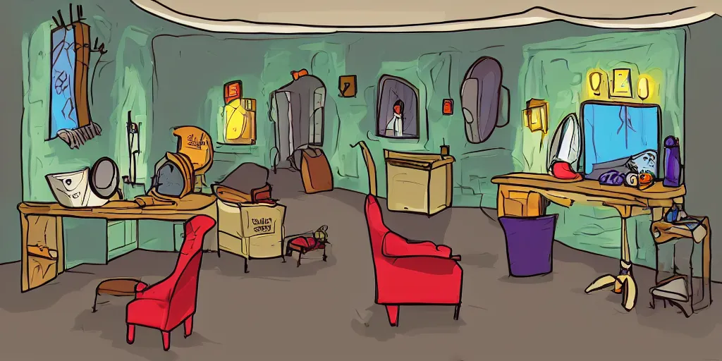 Prompt: a dimly lit, theater dressing room, with a mirror, a chair, a couch, day of the tentacle style, drawn by Peter Chan