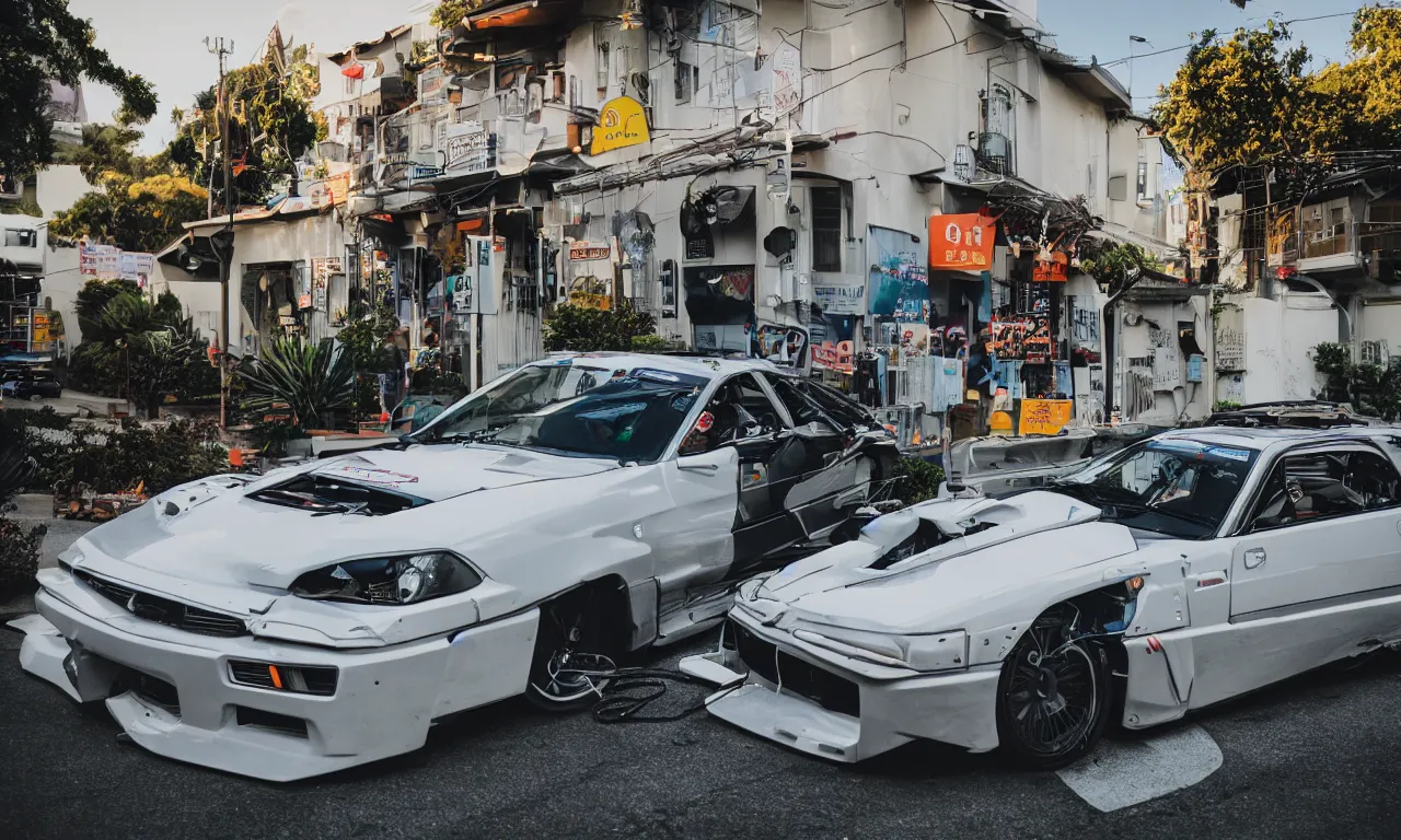 Image similar to fujifilm 8 k 1 4 0 mm photograph of nge street racer car parked in sunny santa cruz neighborhood, leica 8 k photograph of minimalist 9 0's need for speed street racer car made out of neon genesis evangelion angel metal parts