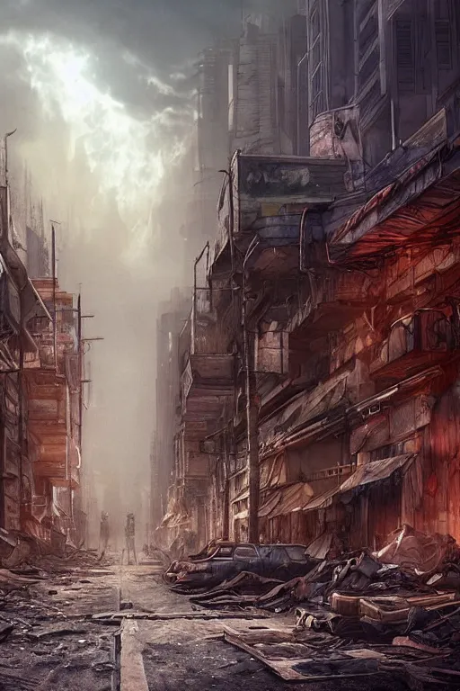 Prompt: postapocalyptic city street by arthur haas, cinematic matte painting