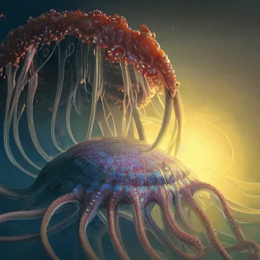 Image similar to photorealistic beautiful and intricate alien jellyfish planet in the style of michael whelan and greg rutkowski. hyperdetailed photorealism, 1 0 8 megapixels, octopus palace, amazing depth, glowing rich colors, powerful imagery, psychedelic overtones, 3 d finalrender, 3 d shading, cinematic lighting, artstation concept art