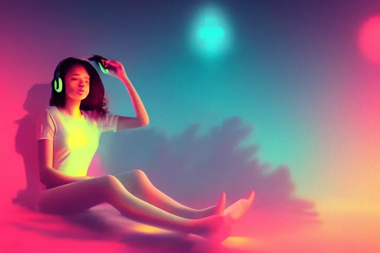 Image similar to a cute girl wearing headphones sitting on a cloud relaxing, misty, glows, digital art, hazy, foggy, ambient lighting, 8 k, neon, synthwave,