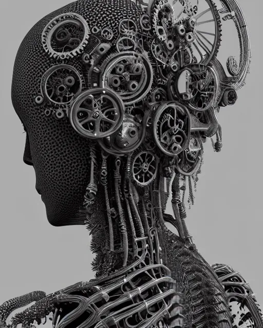 Image similar to mythical black and white organic bio-mechanical spinal ribbed profile face portrait detail of mechanical beautiful female angelic-vegetal-cyborg, highly detailed, intricate steampunk ornate, poetic, 3D render, digital art, octane render, 8K artistic photography, photo-realistic, by Dora Maar