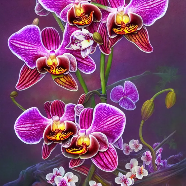 Image similar to extremely psychedelic macro orchid and cherry blossom and musroom, DoF, LSD, diffuse lighting, fantasy, intricate, elegant, highly detailed, lifelike, photorealistic, digital painting, artstation, illustration, concept art, smooth, sharp focus, art by John Collier and Albert Aublet and Krenz Cushart and Artem Demura and Alphonse Mucha