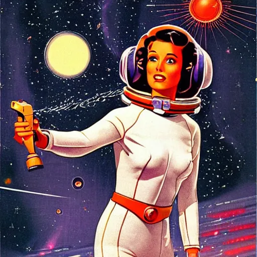 Image similar to retro sci - fi art of a beautiful woman in a retro - future spacesuit floating through space. she is holding a lazer blaster in hand.