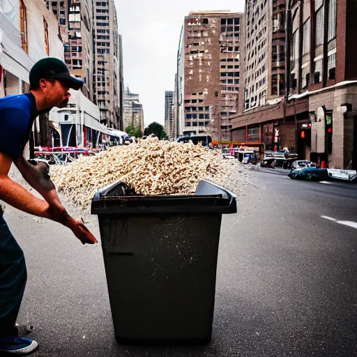 Prompt: A photo of a guy throwing out a bunch of forks into a trash can. Taken with a Canon EOS 5D.