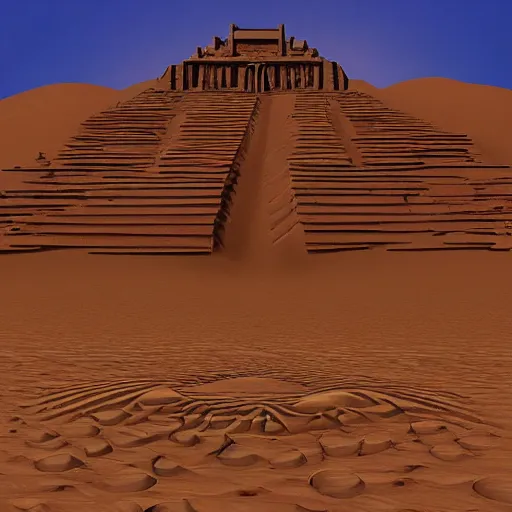 Prompt: desert temple surrounded by large dunes, carving, digital art