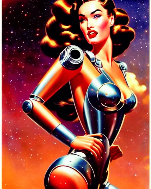 Image similar to closeup beautiful retro space megan fox posing with a chrome robot in dieselpunk city at night, pinup, windblown dark hair, seductive, hyper detailed, digital art, smooth, sharp focus, luis royo, gil elvgren, alberto vargas, 1 9 5 0, when mars attacks