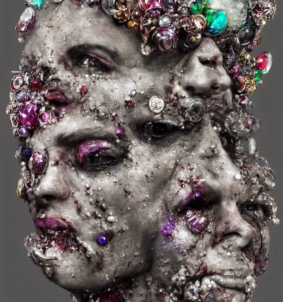 Prompt: portrait headshot of a zombie punk encrusted with gems seashells and crystals, photorealistic, dynamic lighting, action figure, clay sculpture, claymation, gradient studio background, trending on artstation