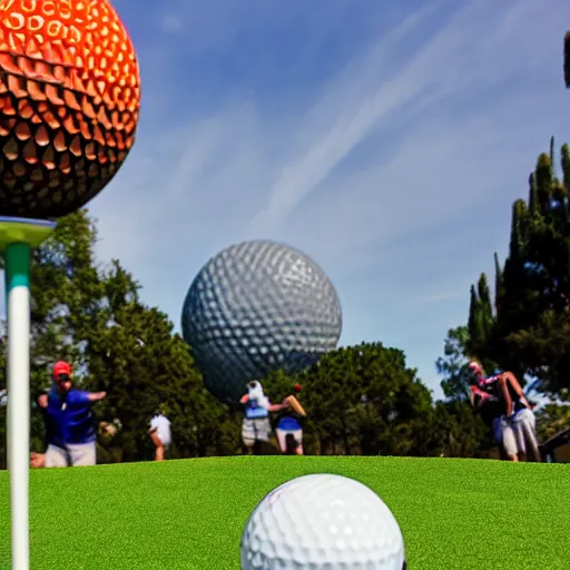 Image similar to playing golf using epcot as the ball in real life, highly detailed, extremely high resolution, ultra realistic