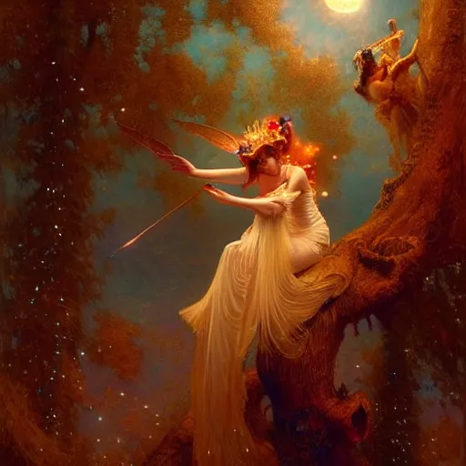 Image similar to attractive fairy queen fly high in the night, fantasy, full moon in background. hyper detailed painting by gaston bussiere, craig mullins, j. c. leyendecker, mid shot, 8 k, cryengone, cinematic lighting, beautiful,