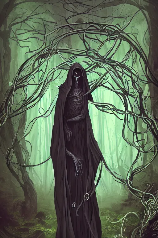 Prompt: A full body portrait of a ghost like character with no face, glowing eyes and a very long hooded dark green cloak of leaves and vines, forest spirits flying in the background art by Shaddy Safadi and Jason Chan, ominous, cosmic horror, trending on artstation, Ultra detailed, hyper realistic 4k