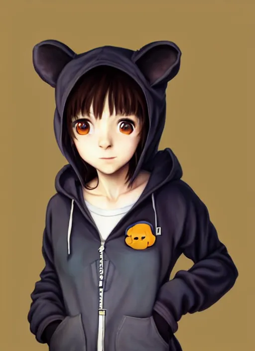 Image similar to a beautiful portrait painting of lain from serial experiments : lain wearing a bear onesie. character design by shinji aramaki, charlie bowater, ross tran, artgerm, and makoto shinkai