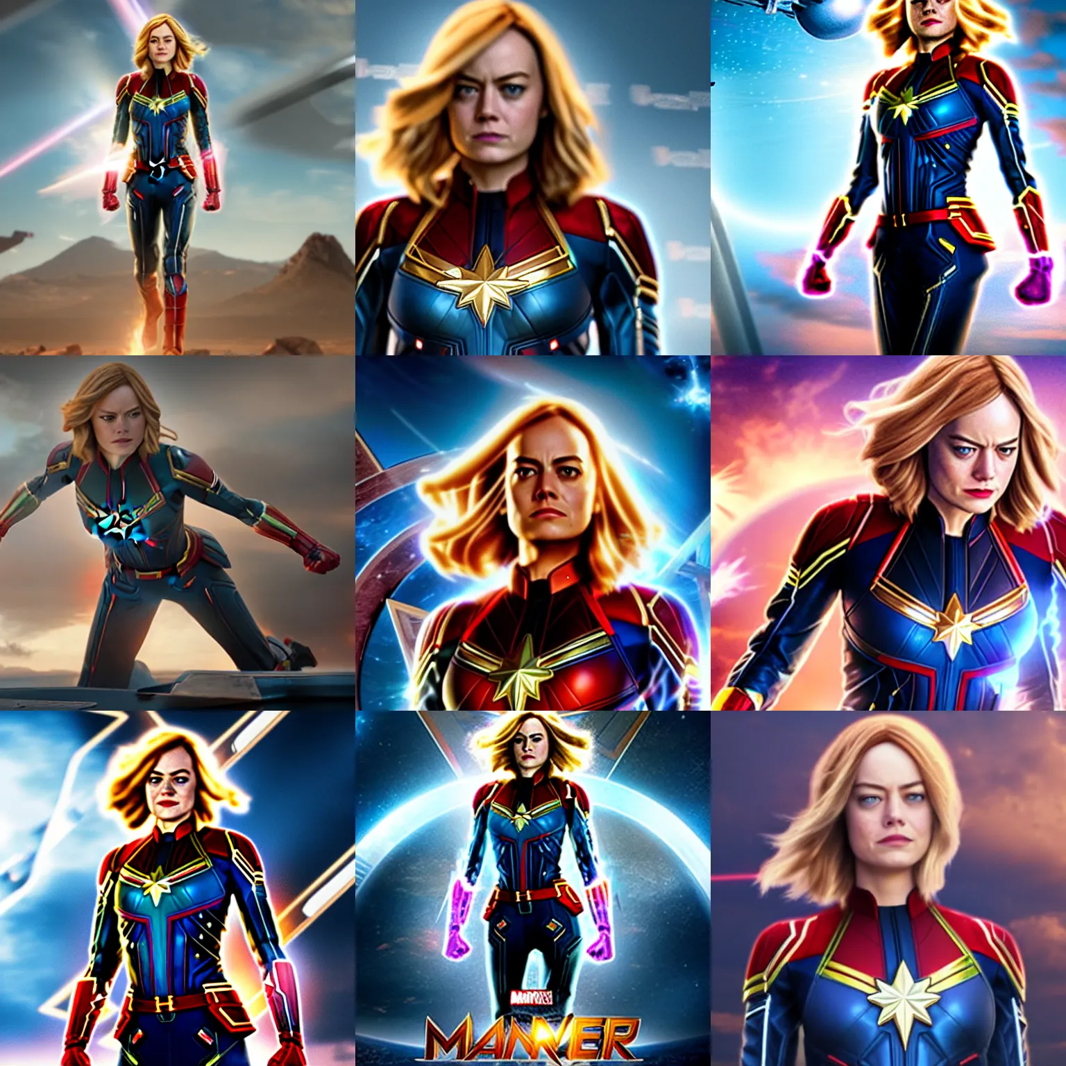 Prompt: A still of Emma Stone as Captain Marvel on Avengers Endgame, award winning photo, unreal engine, highly detailed features