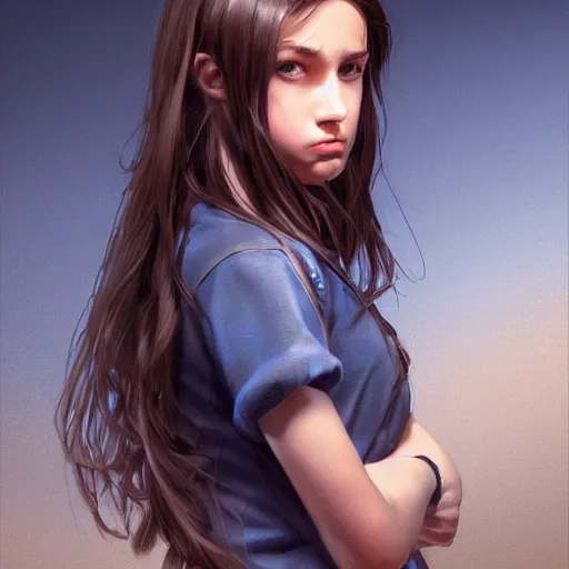 Prompt: portrait of a brunette thin teenager girl with blue eyes wearing school uniform aims a gun, light stubble, digital art,photorealistoc,art by greg rutkowski,hyperdetailed,western comic style,comic,comic style,sharp lineart,professional lighting,deviantart,artstation,trevor henderson,rossdtaws,cinematic,dramatic