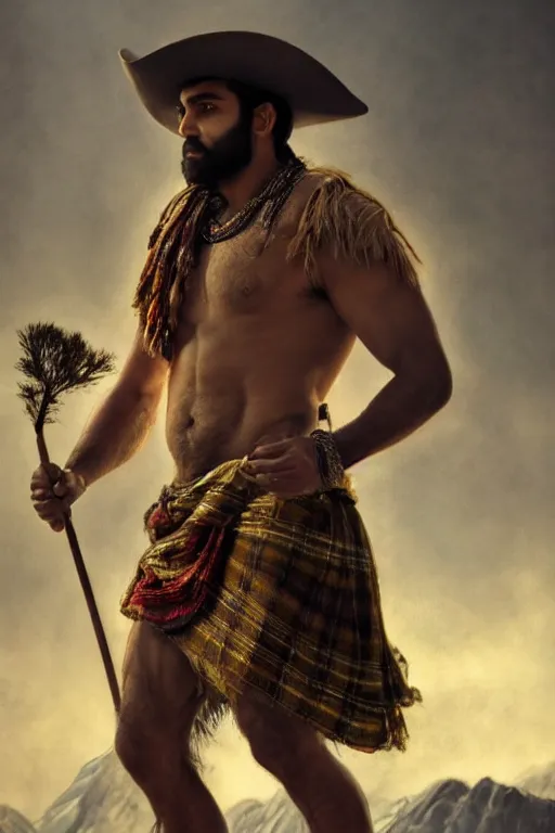 Prompt: a dramatic epic beautiful ethereal painting of a handsome muscular shirtless hairy desi cowboy in the mountains | he is wearing a plaid kilt and cowboy hat, and holding a walking staff | background is mountains! | dramatic lighting, golden hour, homoerotic, realistic, art nouveau | by mark maggiori | trending on artstation