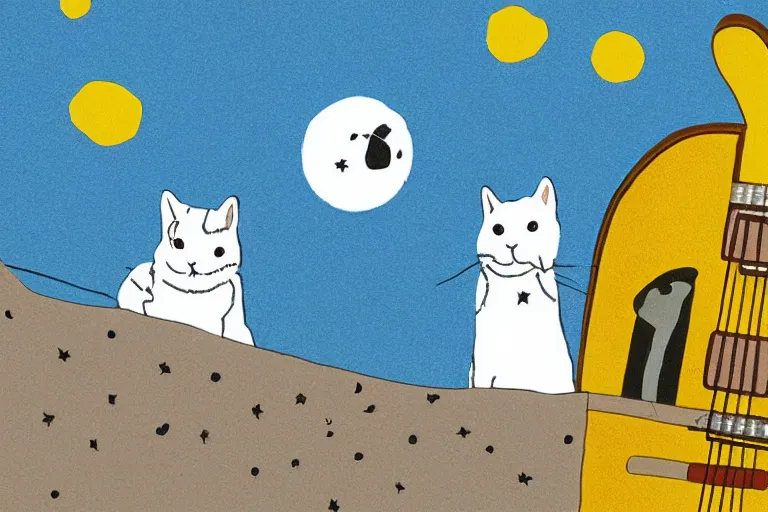 Image similar to detailed illustration of a white cat with a black spot on her trunk playing guitar, an old house with a window over a hill, blue sky, a big star falling