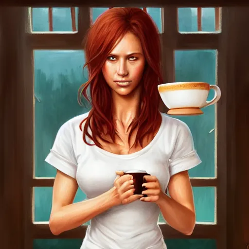 Image similar to an waitress with short sleeves holding coffee, muscular, sweaty skin, goddess, flowing red hair, wet, perfectly-centered-Portrait of a most beautiful woman it the world, intricate, highly detailed, digital painting, artstation, concept art, smooth, sharp focus, illustration, Unreal Engine 5, 8K, art by artgerm and greg rutkowski and alphonse mucha
