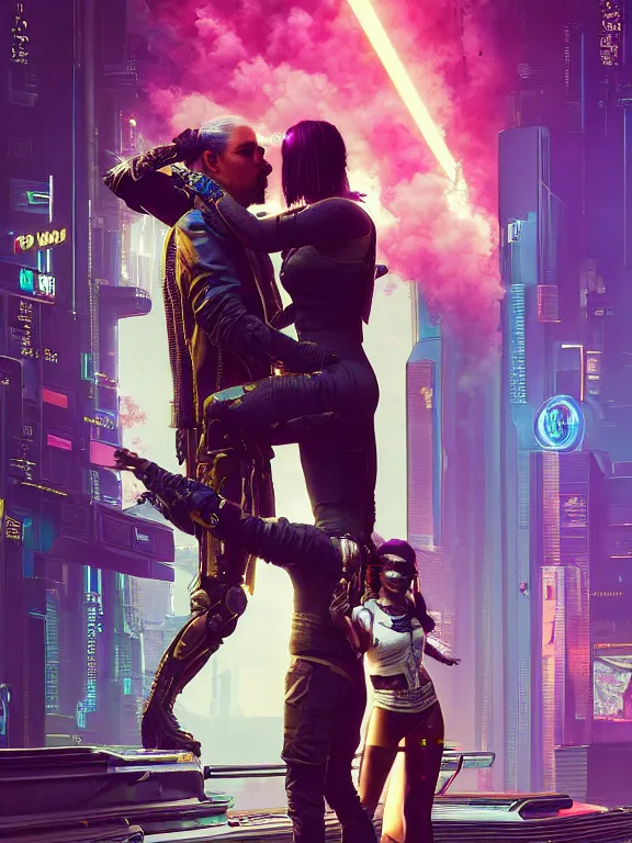 Prompt: a cyberpunk 2077 couple portrait of Keanu Reeves and V ,love story , lots of electric cable behind them connected to giant computer,film lighting,by laurie greasley,Lawrence Alma-Tadema,William Morris,Dan Mumford,trending on atrstation,FAN ART,full of color,Digital painting,highly detailed,8K, octane,golden ratio,cinematic lighting