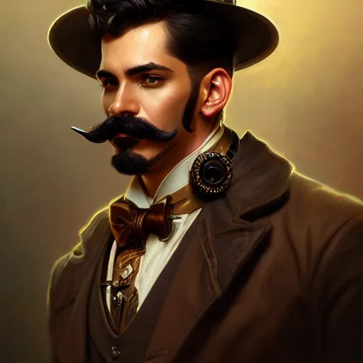 Prompt: a cinematic portrait scene male steampunk gentleman with a big mustache, intricate, elegant, highly detailed, digital painting, artstation, concept art, smooth, sharp focus, illustration, art by artgerm and greg rutkowski and alphonse mucha