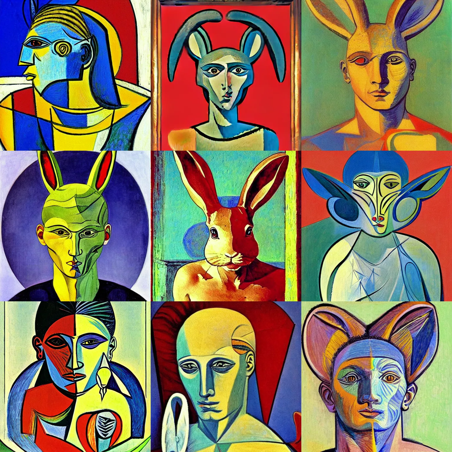 Prompt: beautiful portrait of greek god rabbit painted by picasso and moebius with octain rederer