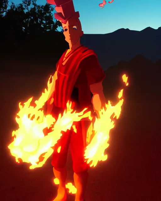 Image similar to [ [ [ [ [ [ squidward ] ] ] ] ] wearing fire nation clothing and practicing firebending outside at susnset