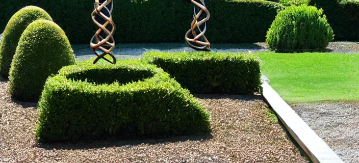 Prompt: bronze fountain, dna helix, in a garden in provence