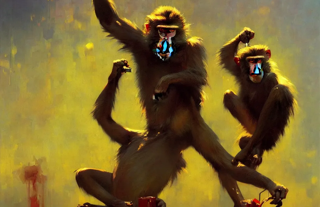 Prompt: an angry baboon holding a spray can detailed painting epic lighting by ilya repin, phil hale and kent williams