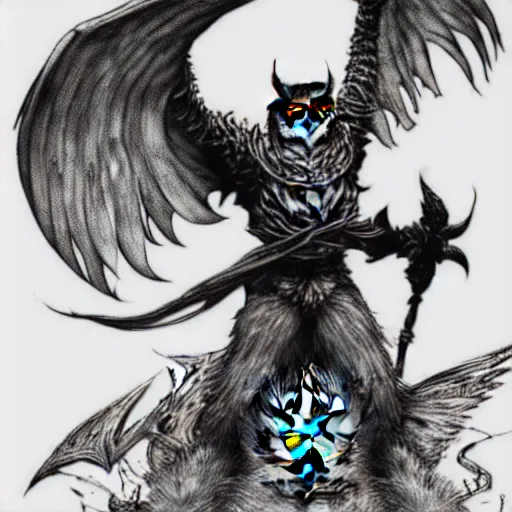 Image similar to Owl King (league of legends, 2009), artwork by kentaro miura, Kentaro Miura style, Berserk Style, High details, cinematic composition, manga, black and white ink style, a lot of details with ink shadows