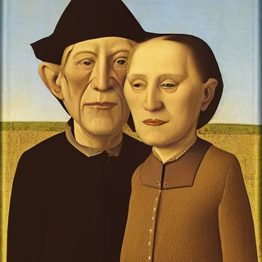 Image similar to a 3 / 4 portrait of an older nice jewish couple from 1 5 0 0 s, by grant wood