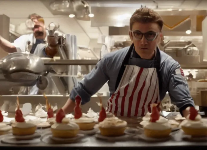 Prompt: film still of Rocket Racoon working as a pastry chef in the new Avengers movie, 4k