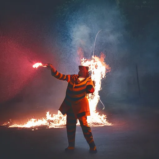 Prompt: photo of a clown using a flamethrower projecting a long bright flame towards a fire