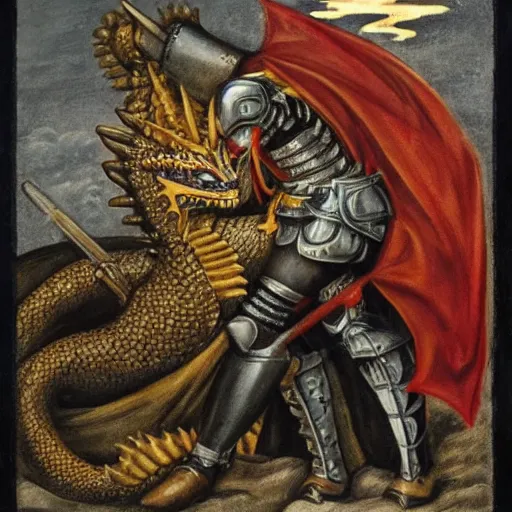 Image similar to a masculine male knight kissing a dragon.