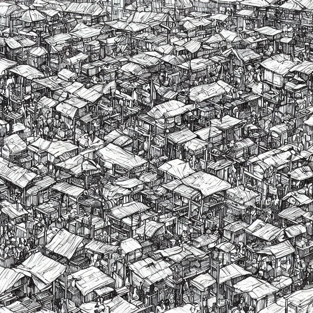 Image similar to a black and white drawing of a busy fish market stretching to the horizon, a storybook illustration by mattias adolfsson, behance contest winner, modern european ink painting, matte drawing, storybook illustration, panoramic, isometric