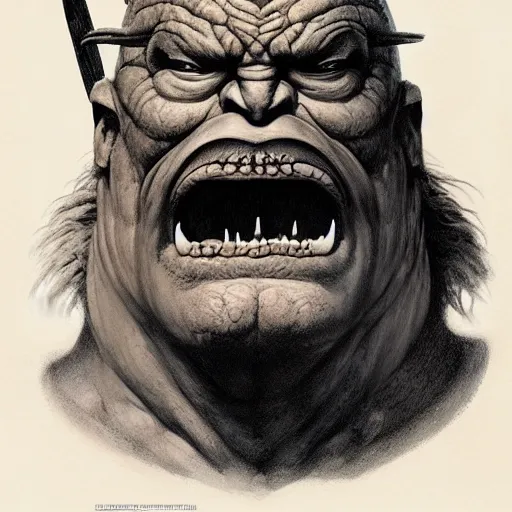 Image similar to head and shoulders portrait of an ogre barbarian, d & d, fantasy, greg rutkowski, frank frazetta, alexandre chaudret, boris vallejo, michael whelan, miro petrov, hr giger, magali villeneuve, donato giancola