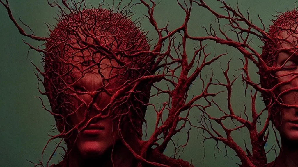 Prompt: the wax head breaches insanity on another level of existence, thorns cover the skin, film still from the movie directed by Denis Villeneuve with art direction by Zdzisław Beksiński, wide lense