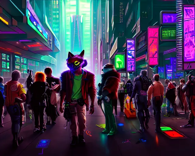 Prompt: high - resolution photograph from a cyberpunk era furry fandom convention ( midwest furfest 2 0 4 7 ), taking place after the genetic revolution and singularity. photorealistic.