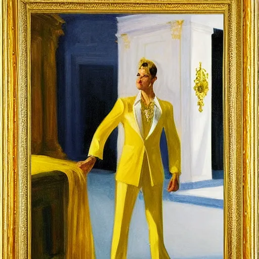 Image similar to Prince with gold clothes in a white palace by Edward hopper