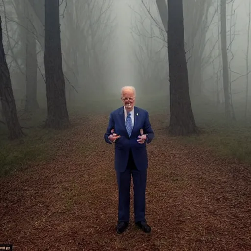 Image similar to joe biden with 4 arms standing ominously far in the foggy woods with a demonic wide smile in his face in the new horror movie, creepy