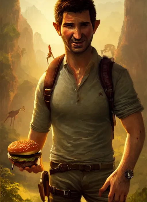 Image similar to Portrait of Nathan Drake with elven ears eating a cheeseburger, realistic, detailed, 4k by Greg Rutkowski Mark Arian trending on artstation