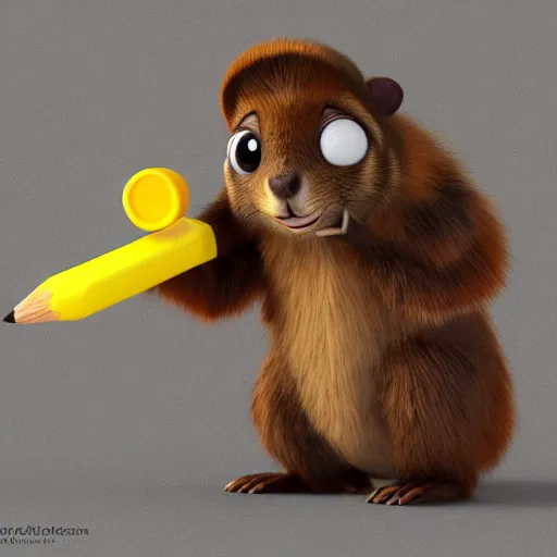 Image similar to cute anthro brown marmot in a black tuxedo while holding a yellow pencil in the left hand, pixar character, digital art, 3 d rendered in octane, blender, maya, shadows, lighting