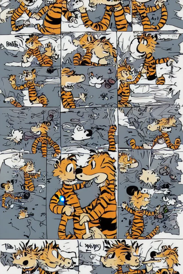 Image similar to Calvin and Hobbes as adults on crack