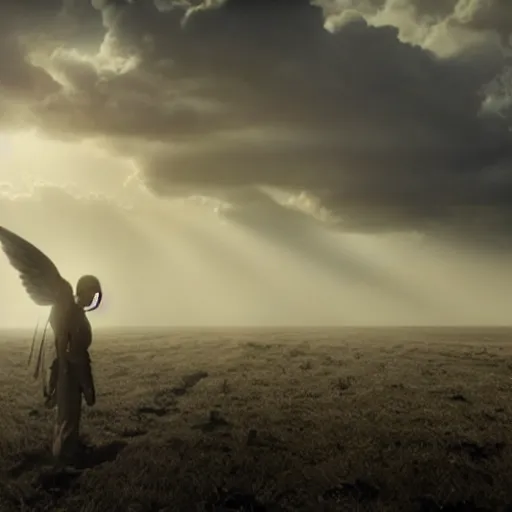 Image similar to an angel that lost its wings in war, foggy, sun rays, cinematic shot, photo still from movie by denis villeneuve, wayne barlowe