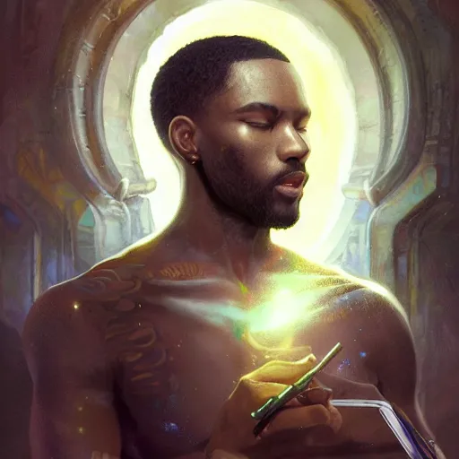 Prompt: a light skinned black man, short hair, photographer, using a macbook, happy, creative, fantasy digital painting, stunning intricate details, artwork by ross tran and greg rutkowski